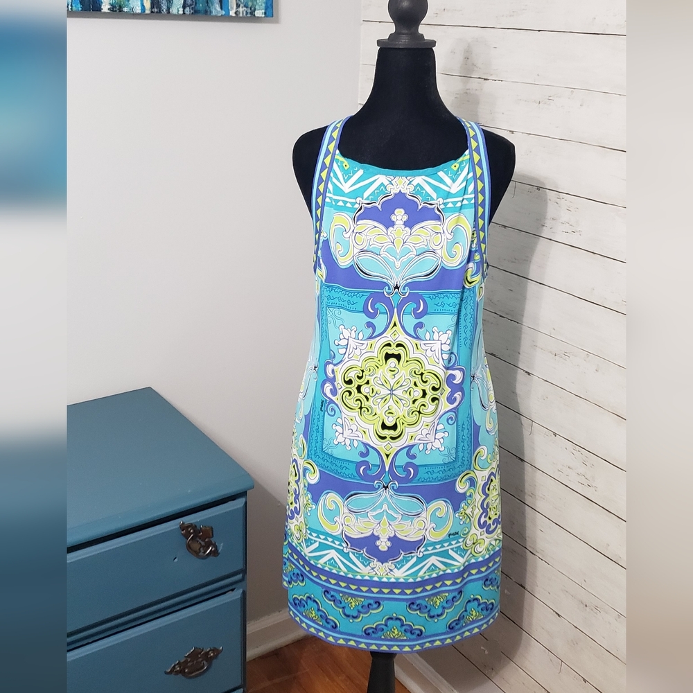 Hale Bob Blue & Aqua Printed Rare Crossback/Front Mini Dress Lining Large - Picture 3 of 8